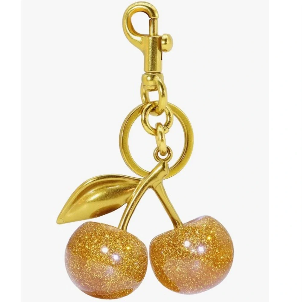 Gold Cherry Fruit Keychain Bag Charm Pendant with Pink Glitter Cherries Bling - Picture 8 of 12